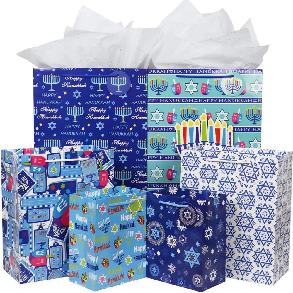 Hanukkah Gift Bag Set, 12 Pieces Premium Quality Assorted Sizes Paper Bags with